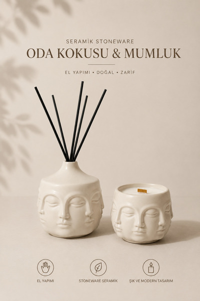 ardesta El Yapımı Stoneware Seramik Oda Kokusu ve Mumluk Seti Dekoratif Buhur...
