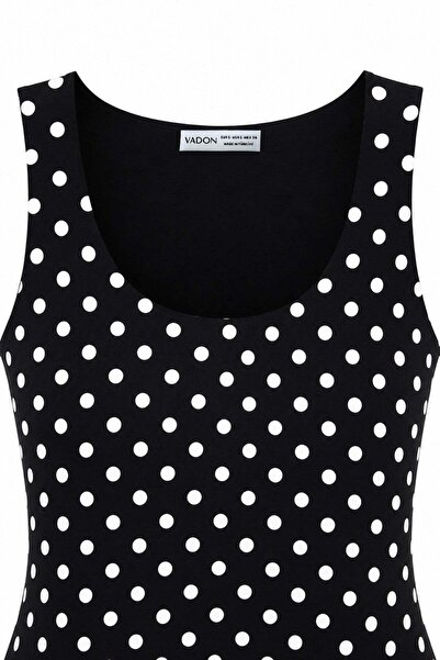Vadon 1000 Women's Cotton U-Neck Polka Dot Sleeveless A-Line Summer Dress Black