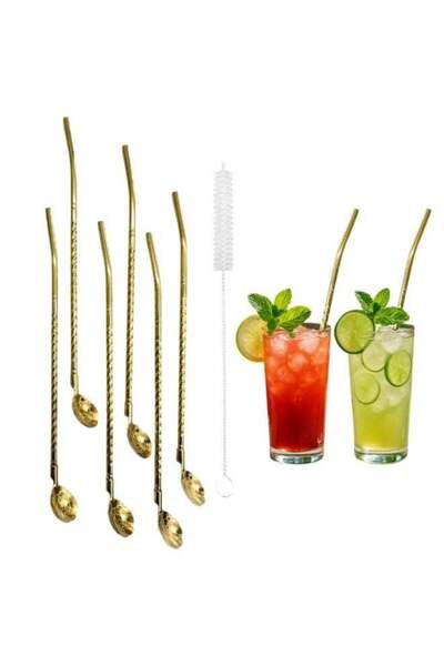 SOBHYS Premium Stainless Steel Spoon Straws Set, Golden, 21.5 cm, Filter Spoo...
