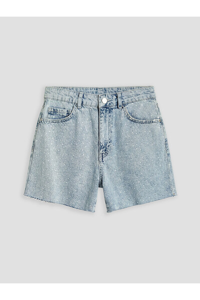 LC Waikiki Nevavm High Waist Stoned Women's Jean Shorts with Difference