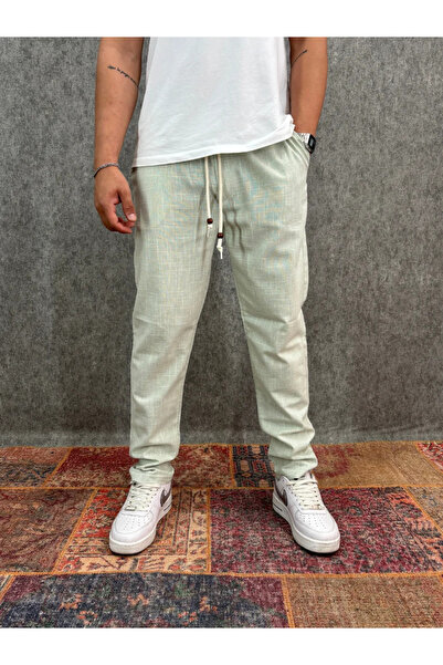 FıttingRoom Cotton Linen Mint Trousers with Elastic Waist