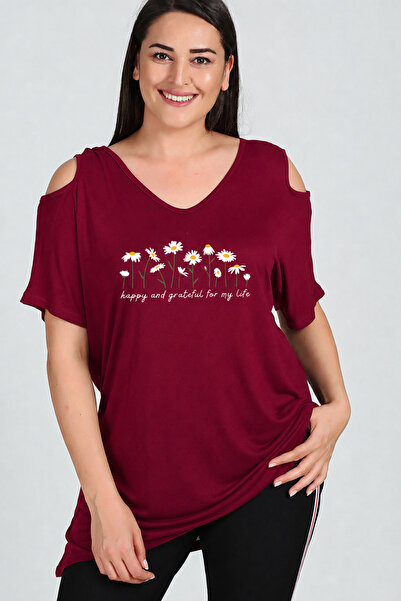 Curvy Trend Large Size Daisies Printed Shoulder V Window Short Sleeve Blouse