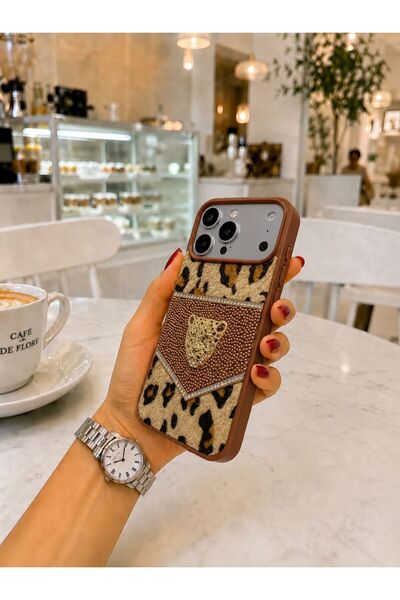 OLEA AKSESUAR iPhone 17 Pro Max Leopard Pattern Feathered Stone Embroidered Premium Phone Case