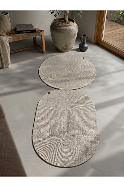 MELENA CARPET Premium Doğal Halat Dokulu Örgü Banyo Paspası Seti Oval Yuvarla...