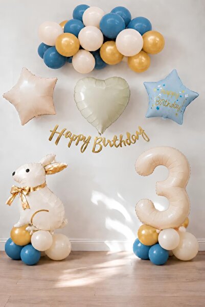Patladı Gitti Blue Rabbit Themed 3Rd Birthday Balloon Set