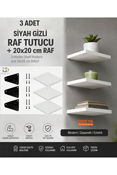 dokya dizayn 3 Adet Gizli Raf Tutucu ve 20x20 cm Beyaz Duvar Rafı Seti | Deko...
