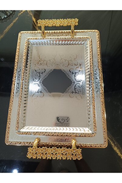 DEKOR ZÜCCACİYE HOME Silver Gold Detailed Tea Tray 41 X 27 cm