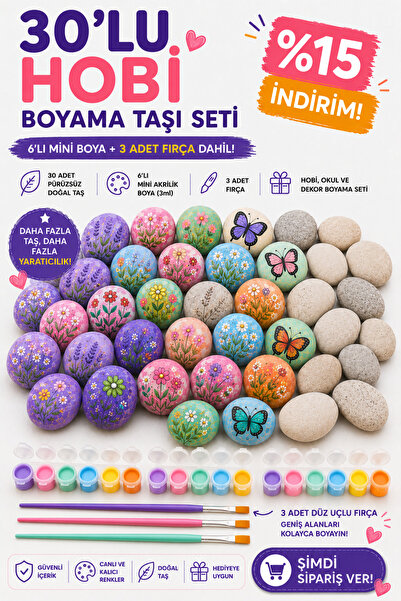 Yapısan 30'lu Hobi Boyama Taşı Seti – 3 adet 6 Renk Akrilik Boya (3ml), 3 Fır...