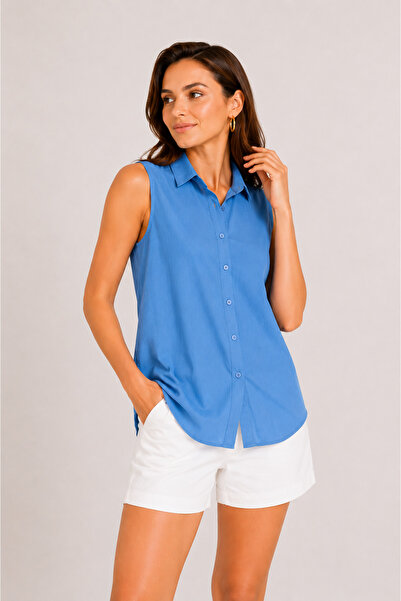 Nuevo Women's Indigo Zero Sleeve Buttoned Shirt Blouse Summer Stylish Design