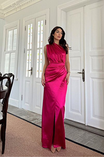 ALFUDO Moda Collection Fiona Tek Kol Drapeli Saten Siyah Abiye
