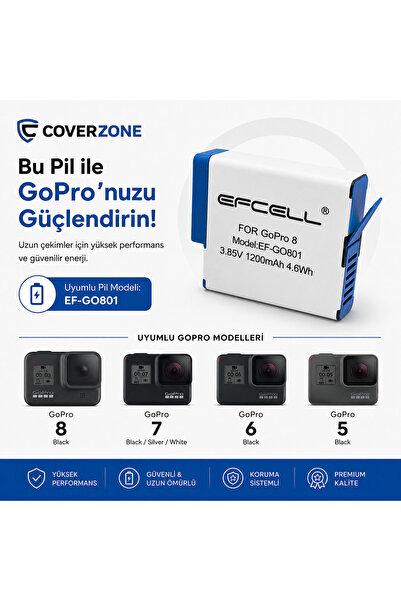 Coverzone GoPro Hero 5/6/7/8 Black & 2018 Uyumlu 1200mAh Aksiyon Kamera Yedek...