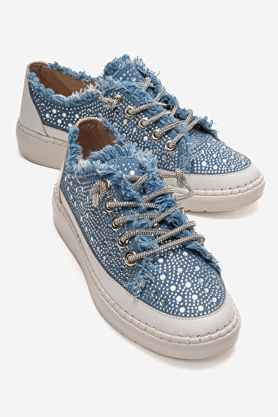 Ataköy Ayakkabı Kadın Yırtık Kot Taşlı Günlük Spor Sneakers Kot Mavi
