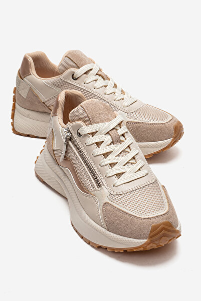 Ataköy Ayakkabı Kadın Fermuarlı Spor Ayakkabı Sneakers Bej Roz