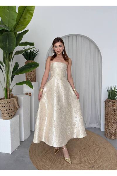 Miss Beyoğlu Women's Satin Jacquard Flared Strapless Design Princess Dress