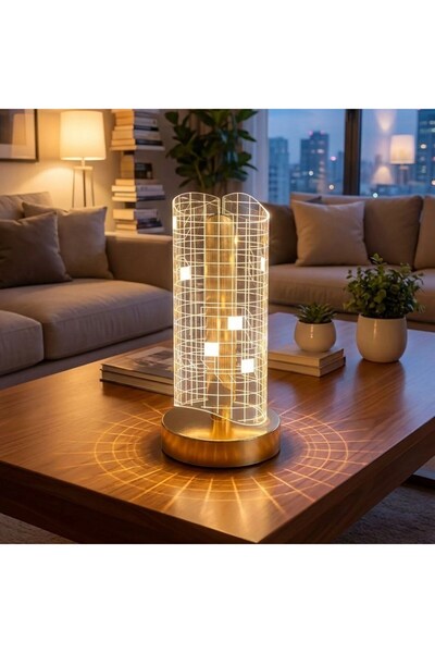 Decopat Dalgalı Silindirik Kristal Kareli Model LED Masa Lambası – Gold Taban...