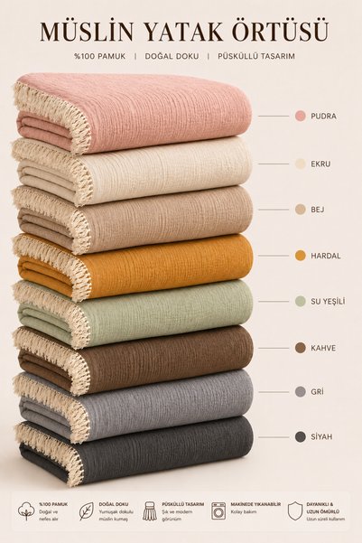 perde plus Premium Müslin Yatak Örtüsü Çift Kişilik Yumuşak Dokulu Püsküllü Pike Örtü 230 x 250 cm