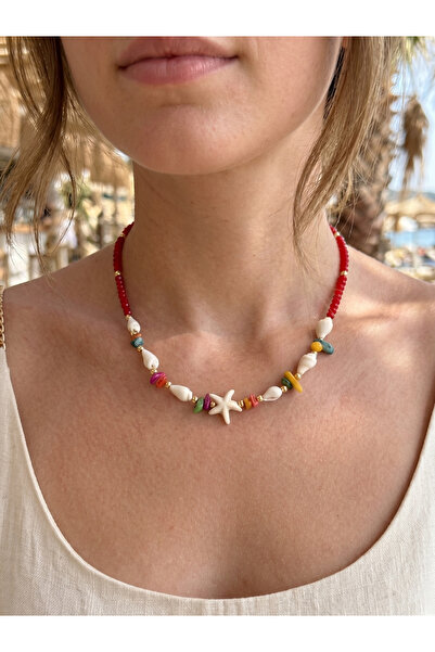 Vinlora Design Red Crystal Beaded Summer Necklace with Starfish and Seashell ...