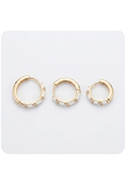 Mervişim Aksesuar 3-Piece Enameled Zircon Stone White Women's Hoop Steel Earr...