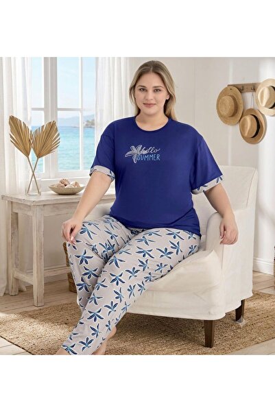 İpek Women's Short Sleeve Six Long Crew Neck Plus Size Floral Pattern Pajama Set