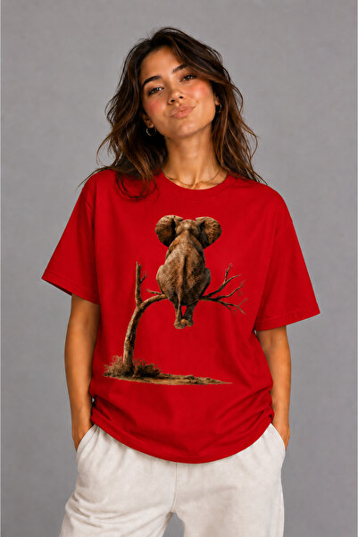 VODEXA Women's Oversize T-Shirt Elephant in the Brush Printed 100% Cotton T-S...
