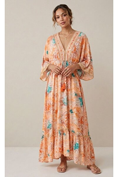 moda gk Shiny Patterned Bohemian Silk Dress with Bead/Embroidery Detail