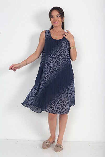 By Saygı Women's Italian Cotton Collar Elastic Lined Leopard Zero Sleeve Midi...