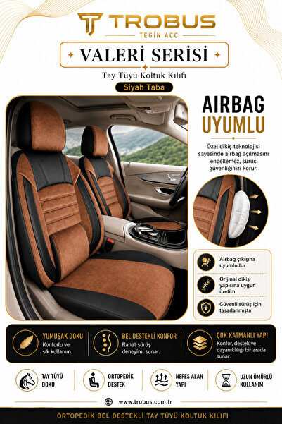 TROBUS Toyota C-HR 2016 Sonrası Uyumlu Valeria Serisi Taba Siyah Bel Destekli Tay Tüyü Koltuk Kılıfı