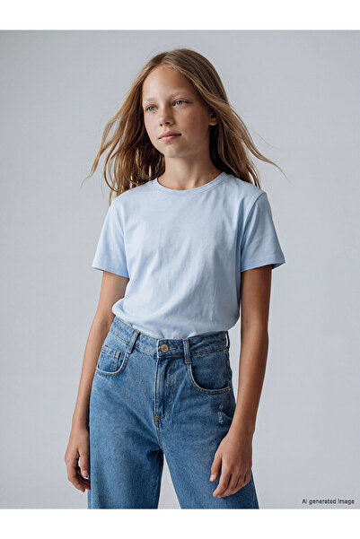 LC Waikiki Trendlucky Girl's Oval Neck T-Shirt with Difference in Color