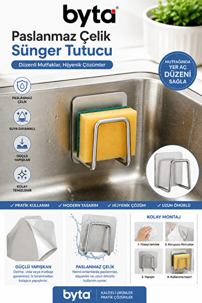 BYTA Paslanmaz Çelik Sünger Tutucu Yapışkanlı Lavabo İçi Sünger Askılığı Mutf...