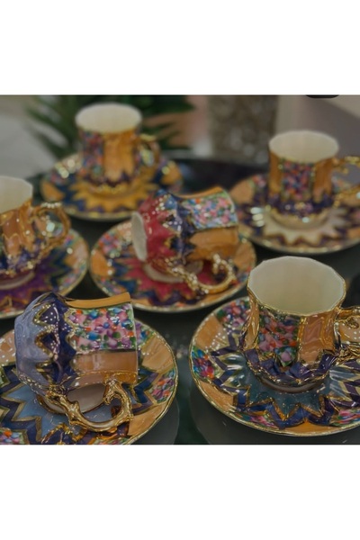 BY.RAYKA PORSELEN El Dekor Medallion Porcelain Hand Painted 6 Cup Set