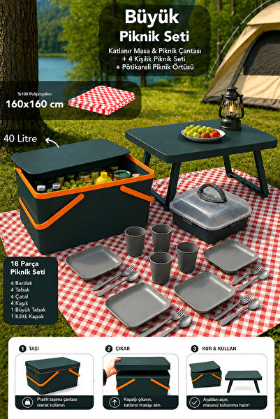 Meleni Home 4'lü Piknik Seti -Taşıma Sepeti Katlanabilir Masa Taşınabilir Yem...
