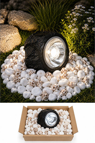 Led Garden Lamp with Solar Rock Look, Solar Powered Outdoor Lighting, Waterproof, Landscape and Road Light, Balcony, Patio, Poolside Decorative Stone Lamp, Dolomite Stone and Sea Shell Gift