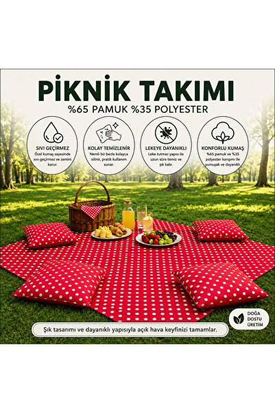 Zeren Home Kırmızı Puantiyeli Piknik Takımı 170x170 cm | 4 Kare Dolgulu Minde...