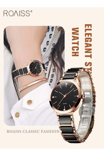 ROAISS Women's Quartz Watch with Ceramic Strap Round Black Dial Diamond Decor...