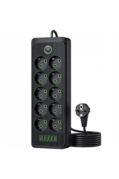 zola Vertical extension cord 10 outlets with grounding, 4xUSB, USB-C, 2m cabl...