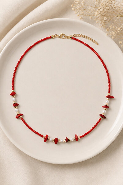 Zundesilver Red Beaded Red Natural Stone Necklace with Metal Accessories