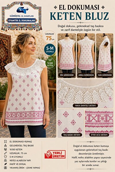 GÜMÜŞTEL EL SANATLARI Handwoven Linen Blouse 100% Handcrafted