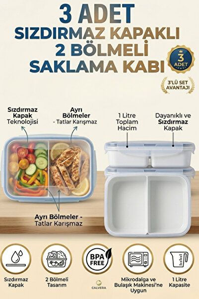 CALVERA 3 Adet 2 Bölmeli Sızdırmaz Lunch Box Saklama Kabı - 1 Litre Beslenme ...