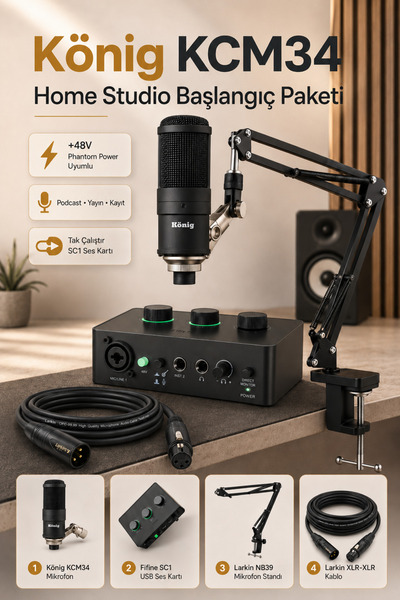 Larkin König KCM34 Home Studio Mikrofon Seti Ses Kartlı Standlı XLR Kablolu Y...