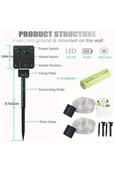 Schulzz Solar Güneş Enerjili Bahçe Su Geçirmez Korumalı Tüp Led Aydınlatma 10Metre 100Led