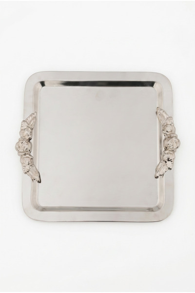AKSESUAR EVRENİ Tores Silver Single Stainless Steel Square Silver Serving Tra...