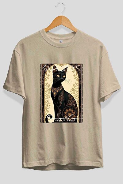 Ankhises For the Love of Cats 86 Front Cat Printed Beige Oversize T-Shirt 100...