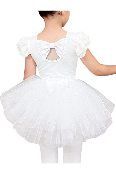SOLLUXE Costum balet si gimnastica fete, body bumbac cu fusta tutu alba - 110 cm