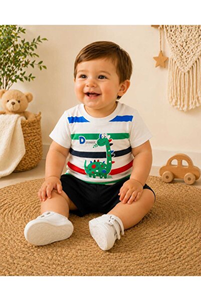 krm kerem bebe Dinazor Desenli Erkek Bebek Yazlık İkili Takım