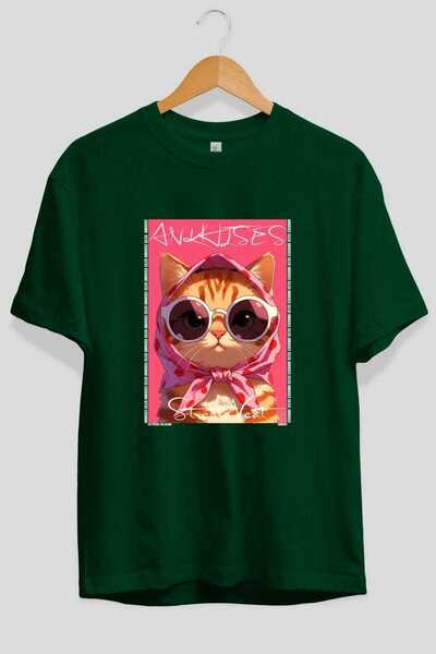 Ankhises Μπλουζάκι  "For the Love of Cats " με 5 στάμπες γάτας, πράσινο, over...