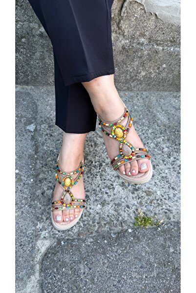 DERİ KABUSU Antique Design Stone-Embellished Women's Sandals