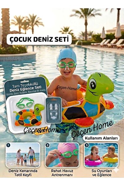 ÇEÇEN HOME Kaplumbağa Figürlü Çocuk Deniz Simidi Ve Çocuk Deniz Gözlüğü,Çocuk...