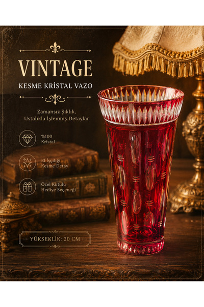 EVVEL ZAMAN ANTİK Vintage Kırmızı Kesme Kristal Vazo – El İşçiliği Dekoratif ...