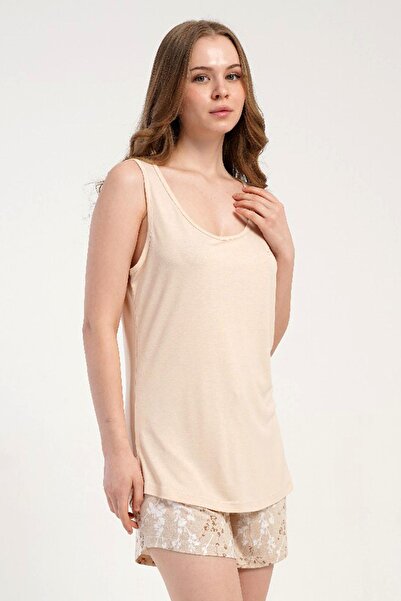 KEZOKİNO Women's Thick Strap Shorts Light Brown Pajama Set Relaxed Cut Summer...