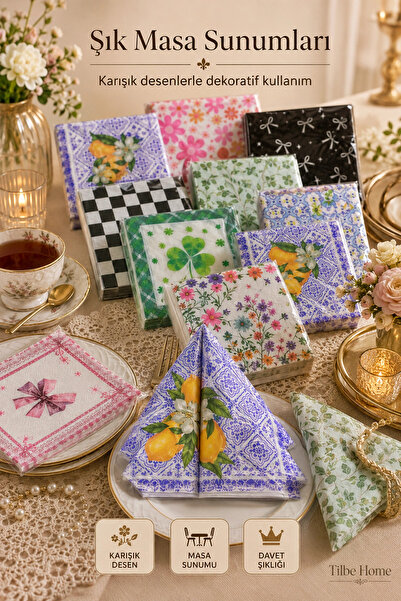 Tilbe Home 2 Paket Desenli Dekoratif Kağıt Peçete Karışık Çiçekli Vintage Mas...